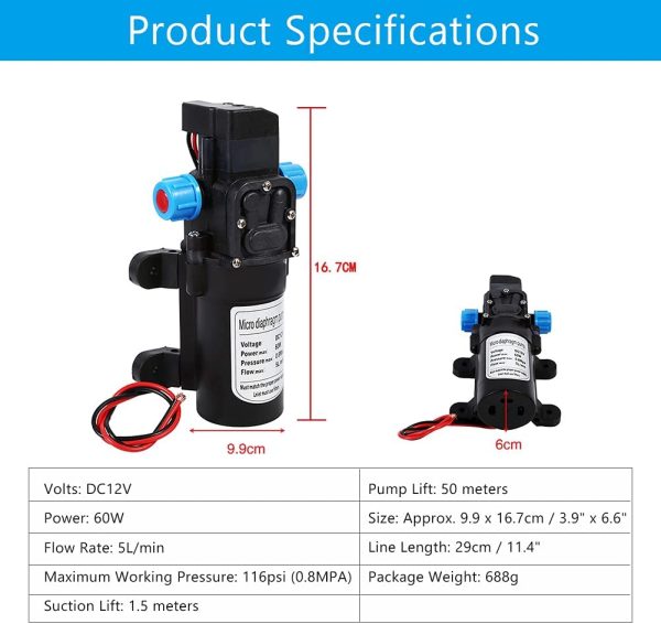 Pompe à Eau Haute Pression,  DC 12V 5 L/Min Pompe à Eau Diaphragme Pompe de Pulvérisateur à Amorçage Automatique 116 PSI avec Pinces pour Bateau de Plaisance RV Camping car – Image 6