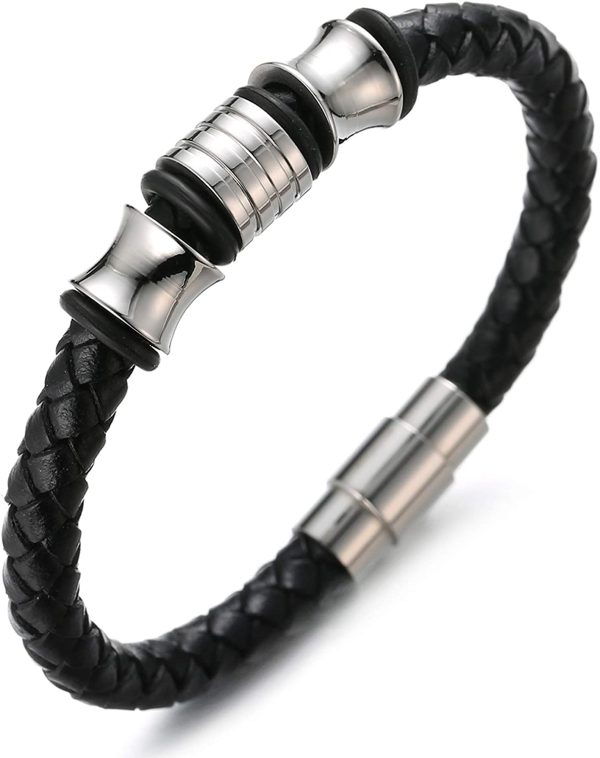 HALUKAKAH Enfants ??Solo Junior ??Garçon Bracelet en Cuir Véritable de Main Noir 6-12 Ans Perles d'argent Titane Acier Fermoir Magnétique 7"/18cm avec Le Boîte-Cadeau Gratuit – Image 6