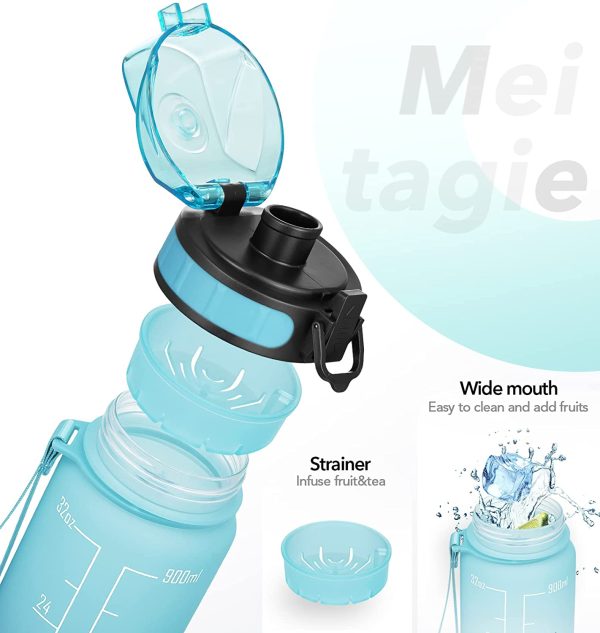 Bouteille d'eau - MEITAGIE 1 L Gourde Reutilisable, Sport Gourde en Plastique Tritan sans BPA, avec Filtre et Marqueur de Temps, pour Enfant et Adultes, Maison et Extérieur