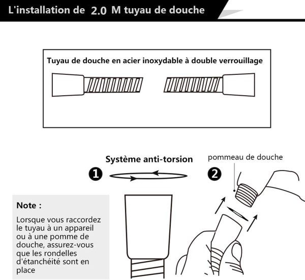 Pommeau Douche + 2 M Tuyau de Douche Flexible,  Pommeau de Douche avec Tuyau, 5 Modes Economiseur d'eau et bouton de l'interrupteur, Haute Pression Douchette Pommeau Acier Inoxydable – Image 5