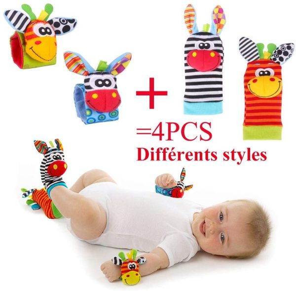 RXYYOS 4Pcs Bébé Poignet et Chaussettes Hochet Jouets Ensemble Poignet de Bell Strap hochets et Chaussettes Pied Finder Animal Bébé Chaussettes De Pied avec Jouet – Image 3