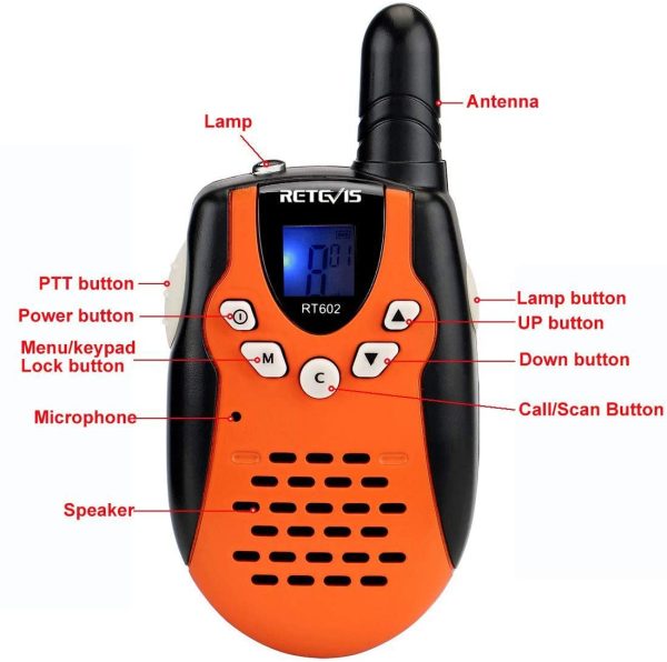 Retevis RT602 Talkie Walkie Enfant Rechargeable, avec Li-ion Batterie et Chargeur, 8 Canaux Lampe de Poche VOX, Longue Portée Jouet pour Enfant pour Activité Intérieure ou Extérieure (1 Paire, Orange) – Image 9