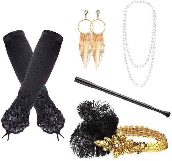 FEPITO 7 Pièces 1920s Flapper Great Gatsby Accessoires Set Mode Roaring 20's Thème Set avec Bandeau Casque Long Gants Noirs Collier Boucles D'oreilles pour Femmes (Ensemble A)