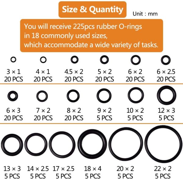 225Pcs Caoutchouc O-Ring Assortiment Joint Torique, Kit 18 tailles Noir O Ring Joints D'étanchéité, Hydraulique Plomberie Joints Laveuse Automobile Climatiseur Joint avec Cas d’Organisateur – Image 4