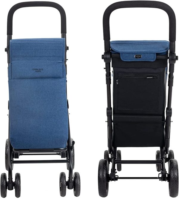 CARLETT Chariot de Courses à 4 Roues | Lett430 Urban Duo | Chariot Pliable avec Sac de Grande Capacité, 25kg, Sac de Magasinage 36L, Sac Thermique 7,5L et Poche Arrière | Bleu Denim