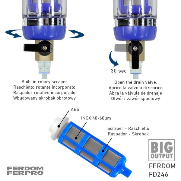 FERDOM FD246. Pré-filtre, Sédiments Spin-Down. Max 4 m3/h. Connexions 3/4" et 1" (DN20 / DN25), Maille Inox 40-60 m, 90 cm2, Réutilisable, Grattoir Intégré. Tête en Laiton, Corps Transparent. – Image 3