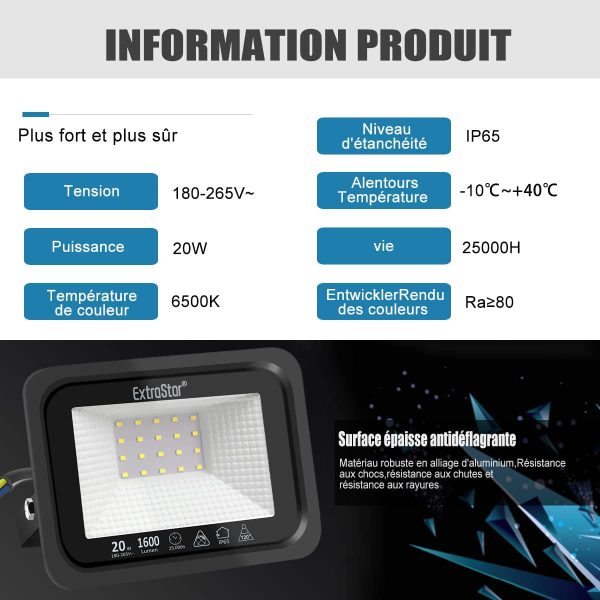 Projecteurs LED Extérieur 20W, IP65 Etanche, 1600LM, Spot LED Extérieur, 6500K Blanc Froid, Eclairage de Sécurité, pour Jardin Terrasse Garage Patio Grange Cour, Lot de 2