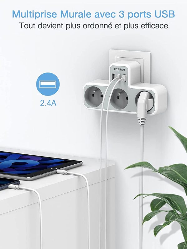 Prise Multiple, Multiprise Murale 3 Prises et 3 Ports USB, Prise USB Electrique 6 en 1, Prise Multiprise USB Secteur pour la Maison Le Bureau Les Voyages Compatible avec Phone, Portable – Image 6