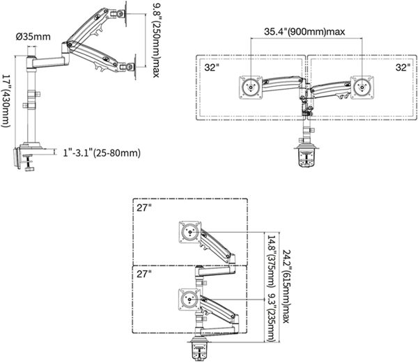 Support de Bureau pivotant Robuste avec Ressort à gaz pour Deux moniteurs LCD LED 22-32 Pouces, VESA 75mm et 100mm jusqu'à 2x12 kg – Image 3