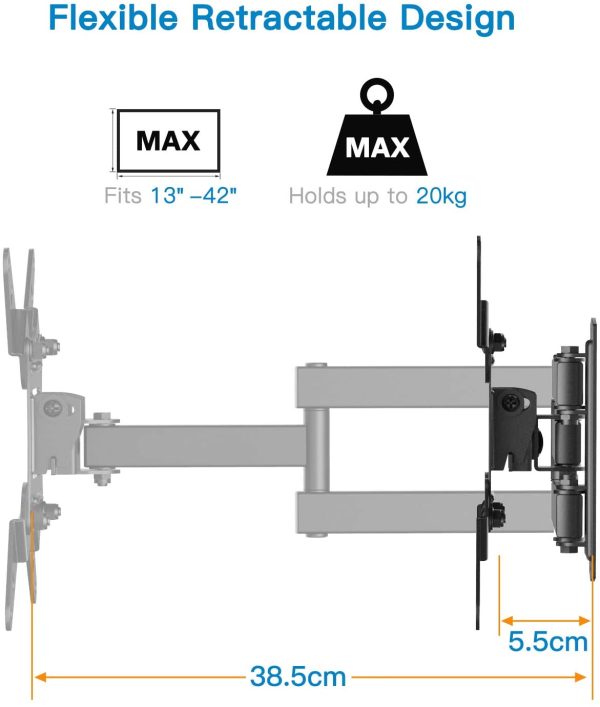 Support Mural TV pour écrans 13-42 Pouces LED LCD et courbé Support TV Inclinable et orientable - Support TV avec VESA Max de 200x200mm Capacité Max de 20kg – Image 4