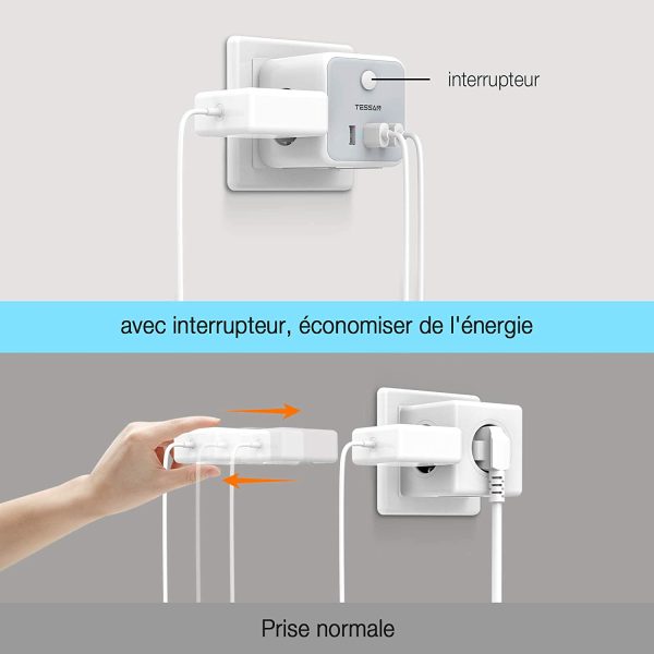 Prise USB Multiple, Multiprise Murale Cube 3 Prises avec 3 USB Secteur, 6 en 1 Bloc Multiprises USB Secteur avec Interrupteur, Multiprise Electrique Murale USB Chargeur pour Domicile, Bureau – Image 5