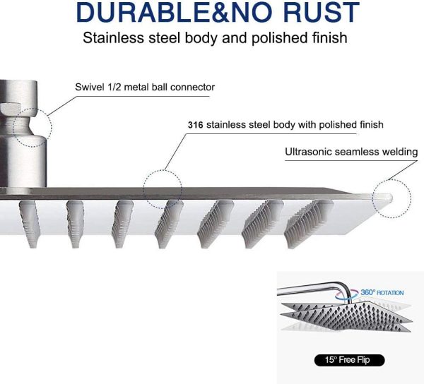 Pommeau de Douche Carré Anti-calcaire en Acier Inoxydable 316 Douchette de Douche Ultra-Mince Haute Pression Tête de Douche Réglable à Pluie pour Salle de Bain, 12 Pouces – Image 4