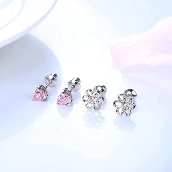 CASSIECA 3 Paires Boucles D'oreilles en Argent Sterling Enfants Filles Bébés Femmes Pink Zircone Coeur Boucles D'oreille Marguerite Minimalistes Boucles D'oreille Tiges Poussettes Sécurité à Vis