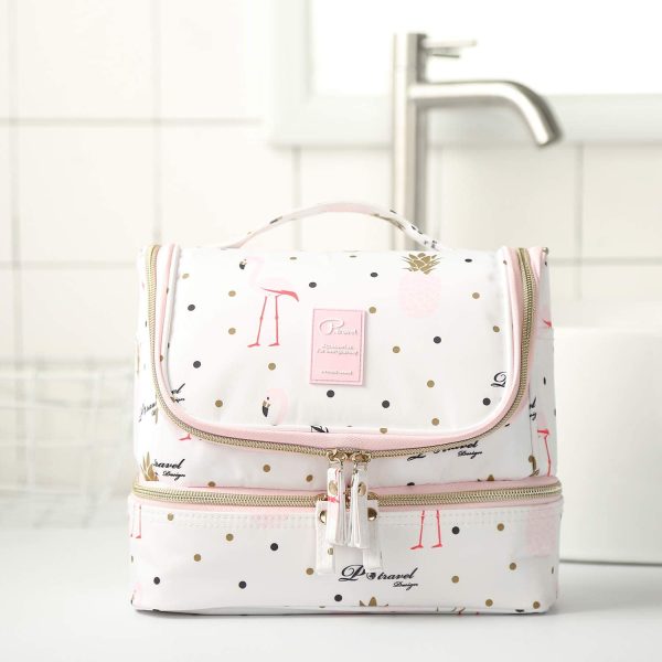 Trousse de Toilette Voyage pour Femme, Lychii Cosmétique Sac avec Crochet, Imperméable Pliable Trousse Maquillage Organisateur - Flamants – Image 3