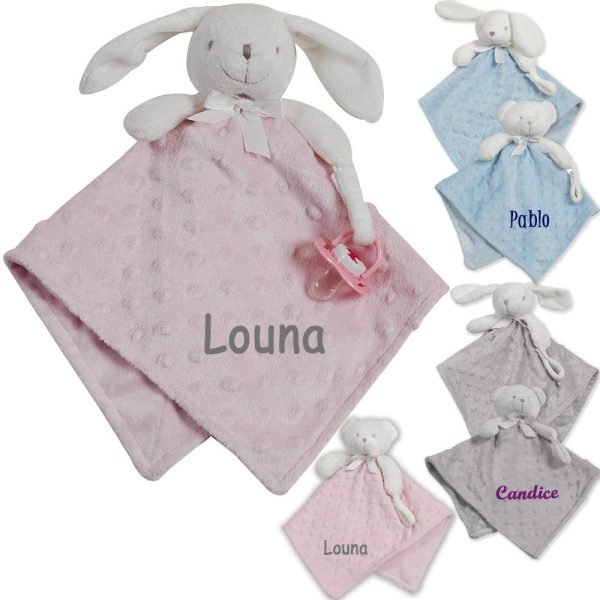 Doudou attache sucette personnalisé avec le prénom de bébé, LAPIN, OURS, CHIEN en velours doux, pour un cadeau de naissance baptême, 30cm, fille garçon, dés la naissance, bleu ciel rose gris – Image 8