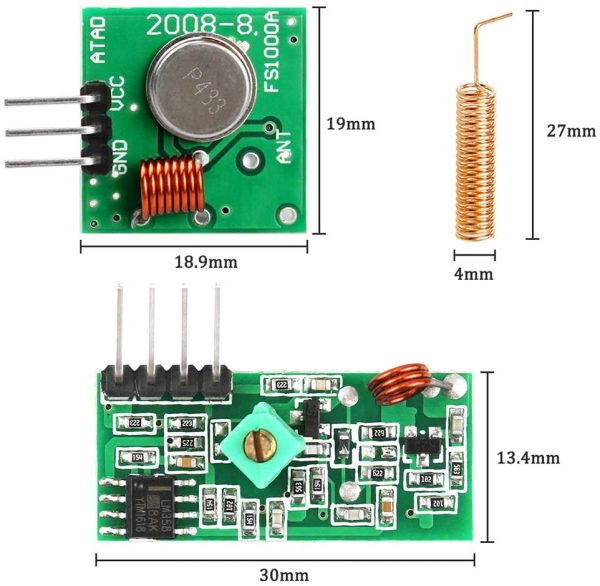 3 Set 433Mhz RF Télécommande Kit Émetteur et Récepteur + 433 MHz Antenne Spirale, RF Wireless Transmitter and Receiver Module Kits Alarme Antivol – Image 2