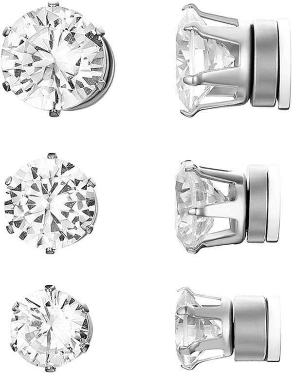 Flongo 6/7/8MM Boucles d’Oreilles Non Percées pour Femme Homme, 3 Paires Clips Sans Trou Magnétique Composés Zircon Brillant Charmant Couleur Argent Noir Or Fantaisie Cadeaux Anniversaire Noël – Image 6