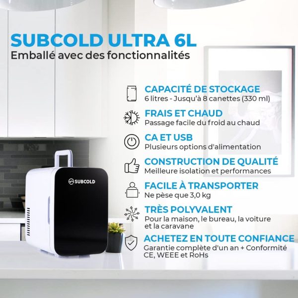 Mini Frigo  Ultra 6 - Refroidit et réchauffe | 6 litres / 8 Canettes 330ml | 220V/USB | Petit Réfrigérateur Portable pour la chambre, les produits cosmétiques, la voiture (Noir) – Image 3