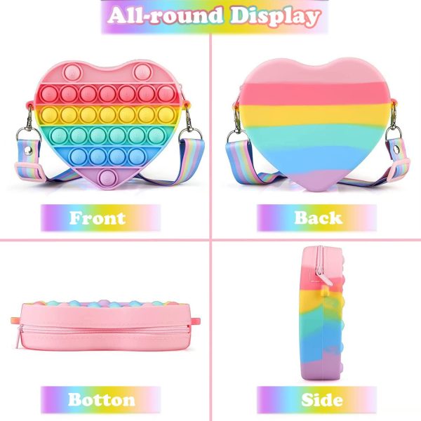 OBOVO Pop Sac It, Fidget Toy Sac Push Pop Bubble It Portefeuille à Main 2 en 1, Sac de Messager à Bandoulière Sensory Multicolore Silicone, Jouets Anti-Stress Sac à Main pour Fille et Enfants - Cœur – Image 8