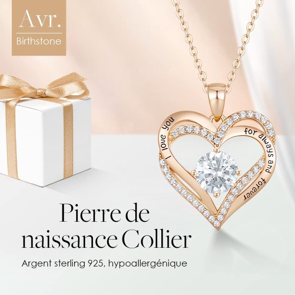 CDE Collier Femmes Amour pour Toujours Cœur Collier en Argent Sterling 925 Plaqué Or Rose Pierre de Naissance Pendentif Bijoux pour Femmes Cadeau de Noël Cadeau de la Saint-Valentin D'anniversaire – Image 3