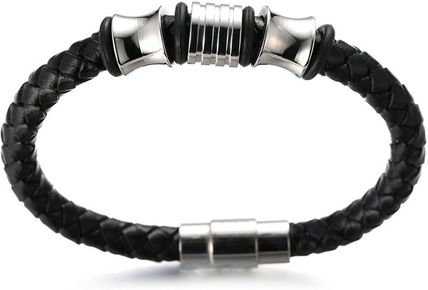 HALUKAKAH Enfants ??Solo Junior ??Garçon Bracelet en Cuir Véritable de Main Noir 6-12 Ans Perles d'argent Titane Acier Fermoir Magnétique 7"/18cm avec Le Boîte-Cadeau Gratuit – Image 2