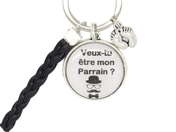 Porte Clés Personnalisable Cadeau pour un Parrain lors d'une Naissance Baptême Veux tu Etre mon Parrain Chapeau Moustache – Image 2