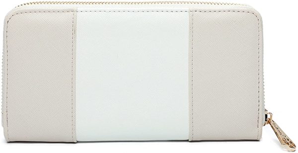 Gallantry - Portefeuille Femme Tout-en-Un Rayures Bicolore - Wallet Long Porte-Cartes Monnaies Format Enveloppe 3 Volets - Compagnon Bandes Grande Capacité Similicuir - Chic Tendance - Beige Blanc – Image 2