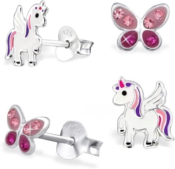 GH* Kids Lot de 2 paires de mini boucles d’oreilles papillon avec cristaux + licorne ailée en argent 925 véritable pour petites filles