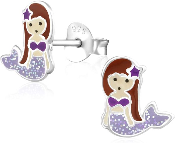 Boucles d'oreilles Laimons pour petite fille - En argent sterling 925 - Motif sirène - Violet