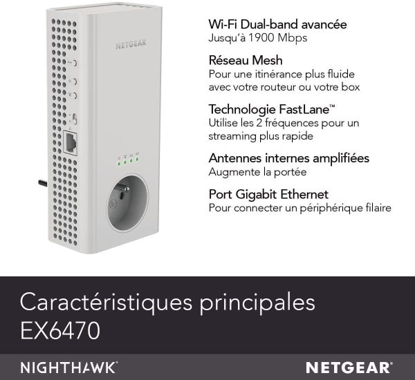 NETGEAR Répéteur WiFi Mesh (EX6470), Repeteur WiFi Puissant AC1900 couvre jusqu’??150m², Amplificateur WiFi avec prise intégrée, WiFi Extender 1Port Ethernet, Wifi Booster compatible toutes Box – Image 5