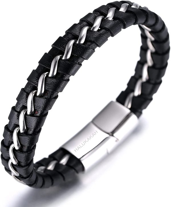 HALUKAKAH Enfants ??Solo Junior ??Garçon Bracelet en Cuir Véritable de Main Noir 6-12 Ans Chaîne Argent Titane Acier Fermoir Magnétique 7"/18cm avec Le Boîte-Cadeau Gratuit