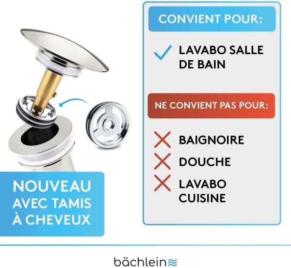 Bonde Universelle avec Trop-Plein pour Lavabo et Évier ??Valve Pop-up Inox Brossé ??3 Joints pour Lavabos de Tous Genres Inclus, Valve d’Écoulement Bonde - Montage avec Mode d’Emploi