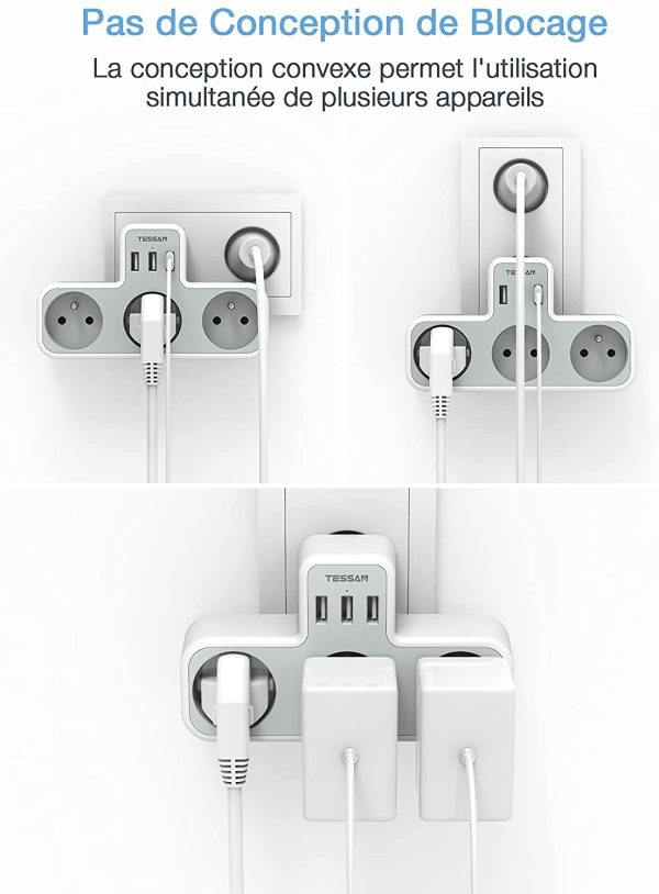 Prise Multiple, Multiprise Murale 3 Prises et 3 Ports USB, Prise USB Electrique 6 en 1, Prise Multiprise USB Secteur pour la Maison Le Bureau Les Voyages Compatible avec Phone, Portable – Image 5