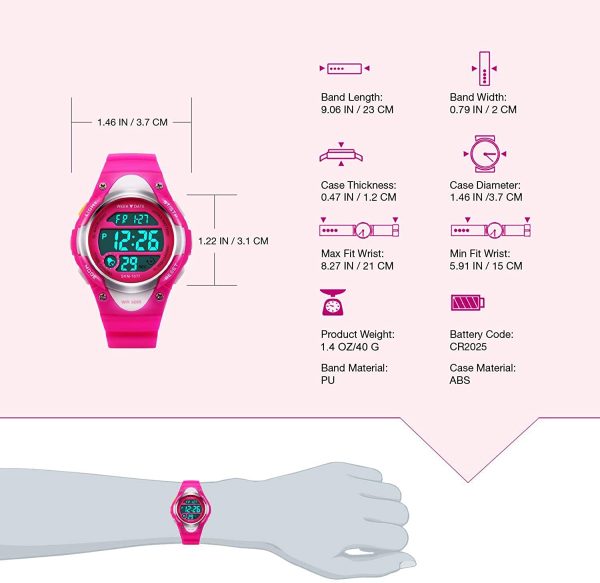 Digital montres pour filles cadeaux ??Enfants Sports de plein air montre avec rétro-éclairage LED, 5 ATM étanche montre de sport électroniques pour enfants avec semaine pour adolescents Rose par RSVOM – Image 4