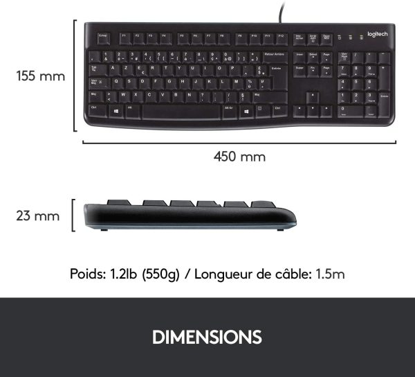 K120 Clavier filaire Business Windows, Plug-and-Play USB, Touches Silencieuses Ultra-Plates, Taille Standard, Etanche, Barre d’Espacement Incurvée, Clavier AZERTY Français - Noir – Image 4