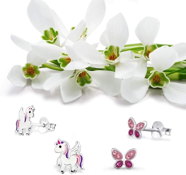 GH* Kids Lot de 2 paires de mini boucles d’oreilles papillon avec cristaux + licorne ailée en argent 925 véritable pour petites filles – Image 5