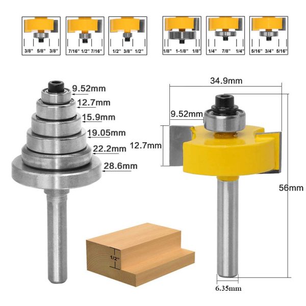 Gasea 6.35mm Tige Fraise de Défonceuse à Feuillure Routeur Bit Avec 6 Roulements Pour Plusieurs Profondeurs 28,6mm, 22,2mm, 19,05mm, 15,9 mm, 12,7mm, 9,52mm Outil de Menuiserie – Image 6