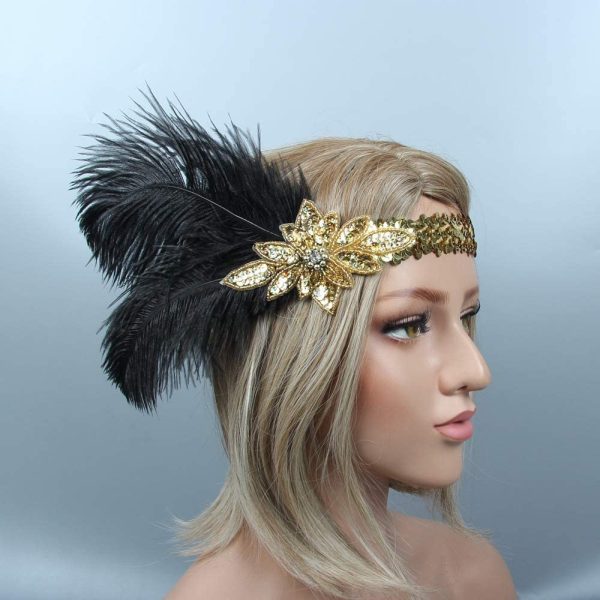 FEPITO 7 Pièces 1920s Flapper Great Gatsby Accessoires Set Mode Roaring 20's Thème Set avec Bandeau Casque Long Gants Noirs Collier Boucles D'oreilles pour Femmes (Ensemble A) – Image 2