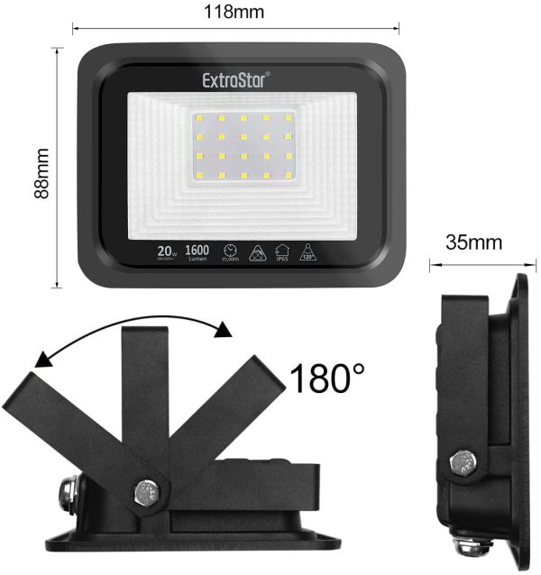 Projecteurs LED Extérieur 20W, IP65 Etanche, 1600LM, Spot LED Extérieur, 6500K Blanc Froid, Eclairage de Sécurité, pour Jardin Terrasse Garage Patio Grange Cour, Lot de 2 – Image 5