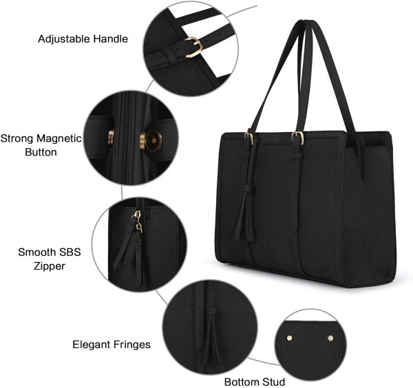 ECOSUSI Sac Porte Document Sac Cabas Femmes Sac à Main en PU Cuir messagers à 3 Compartiments Sac Ordinateur Portable 15.6 Pouces Sac Fourre Tout Femme Sac Cabas pour Le Travail (Noir-1) – Image 3