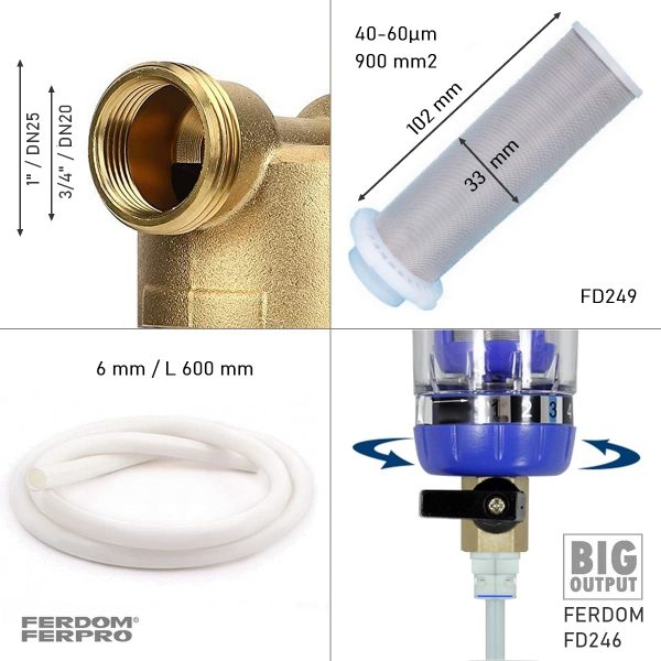 FERDOM FD246. Pré-filtre, Sédiments Spin-Down. Max 4 m3/h. Connexions 3/4" et 1" (DN20 / DN25), Maille Inox 40-60 m, 90 cm2, Réutilisable, Grattoir Intégré. Tête en Laiton, Corps Transparent. – Image 2