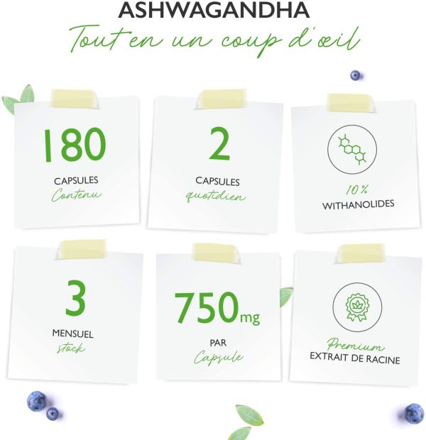 Ashwagandha - 180 gélules avec 750 mg d'extrait pur - Premium : 10% withanolides - Haute pureté - Végétalien - Extra Haute Dose - Qualité Premium