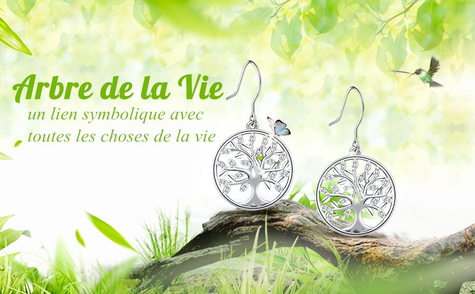 Boucles d'oreilles arbre de vie en argent sterling 925 pour femmes et filles