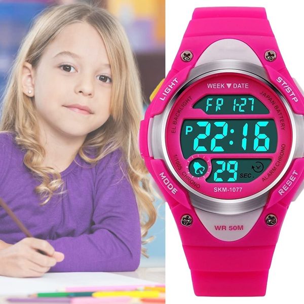 Digital montres pour filles cadeaux ??Enfants Sports de plein air montre avec rétro-éclairage LED, 5 ATM étanche montre de sport électroniques pour enfants avec semaine pour adolescents Rose par RSVOM – Image 5