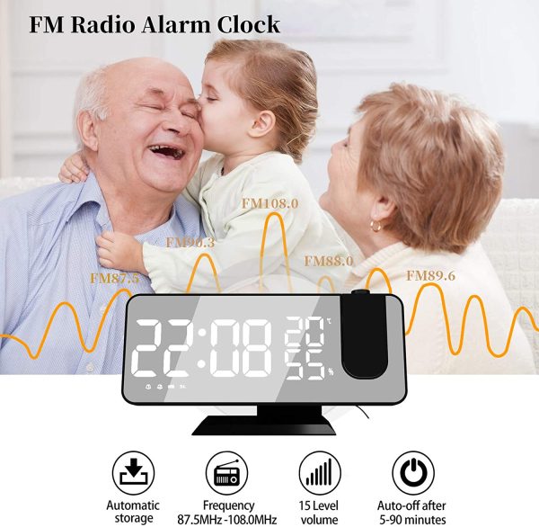 Reveil Projecteur avec Radio, Horloge Numérique, Radio Reveil USB avec Double Alarme et Écran Miroir LED de 7, Snooze, 4 Niveaux de Luminosité, 12/24h, 15 Volume, La Maison, Le Bureau – Image 2