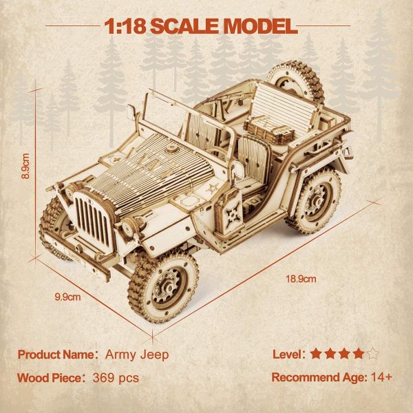 ROKR Car en Bois à Construire - 3D Puzzle Maquette Bois - Maquette mécanique pour des Enfants et des Adulte (Army JEE