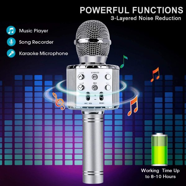 ShinePick Microphone Karaoke Sans Fil, Karaoké Microphone Bluetooth Portable pour Enfants/Adultes Chanter, Compatible avec Android/IOS/PC/Smartphone (Argent) – Image 3