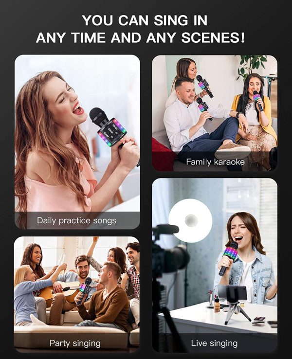 ShinePick Microphone Sans Fil Karaoké, Microphone Bluetooth Machine à Karaoké Accueil Lecteur KTV avec Lumières Dansantes, Sons Magiques, Cadeau Enfants pour Android/iOS (Noir) – Image 2