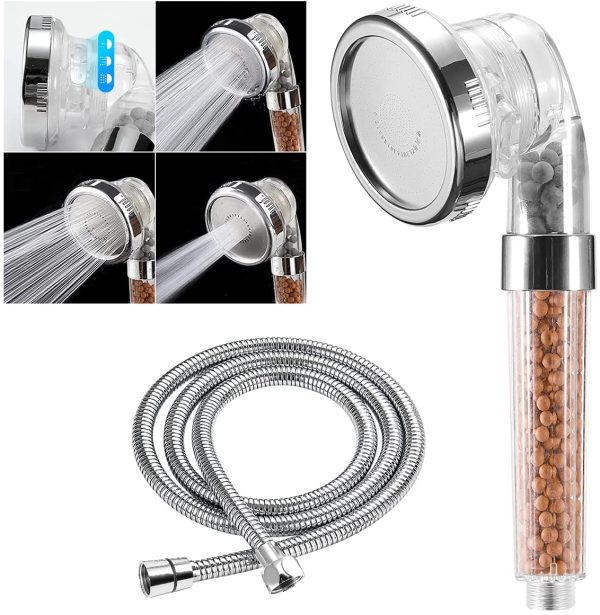 Pommeau de Douche,  Pommeau Douche Anti Calcaire avec Tuyau Économiseur d'Eau Douche avec Flexible Tuyau 2 M Douchettes Salle de Bain Haute Pression Filtre à Système de Filtrage Ionique – Image 3