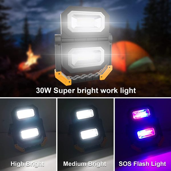 T-SUN Projecteur de Chantier LED Pliable 30W Projecteur LED Rechargeable USB Lampe de Travail Projecteur LED Portable avec Rotation à 360° pour Camping, Chantier de Construction, Urgence – Image 3